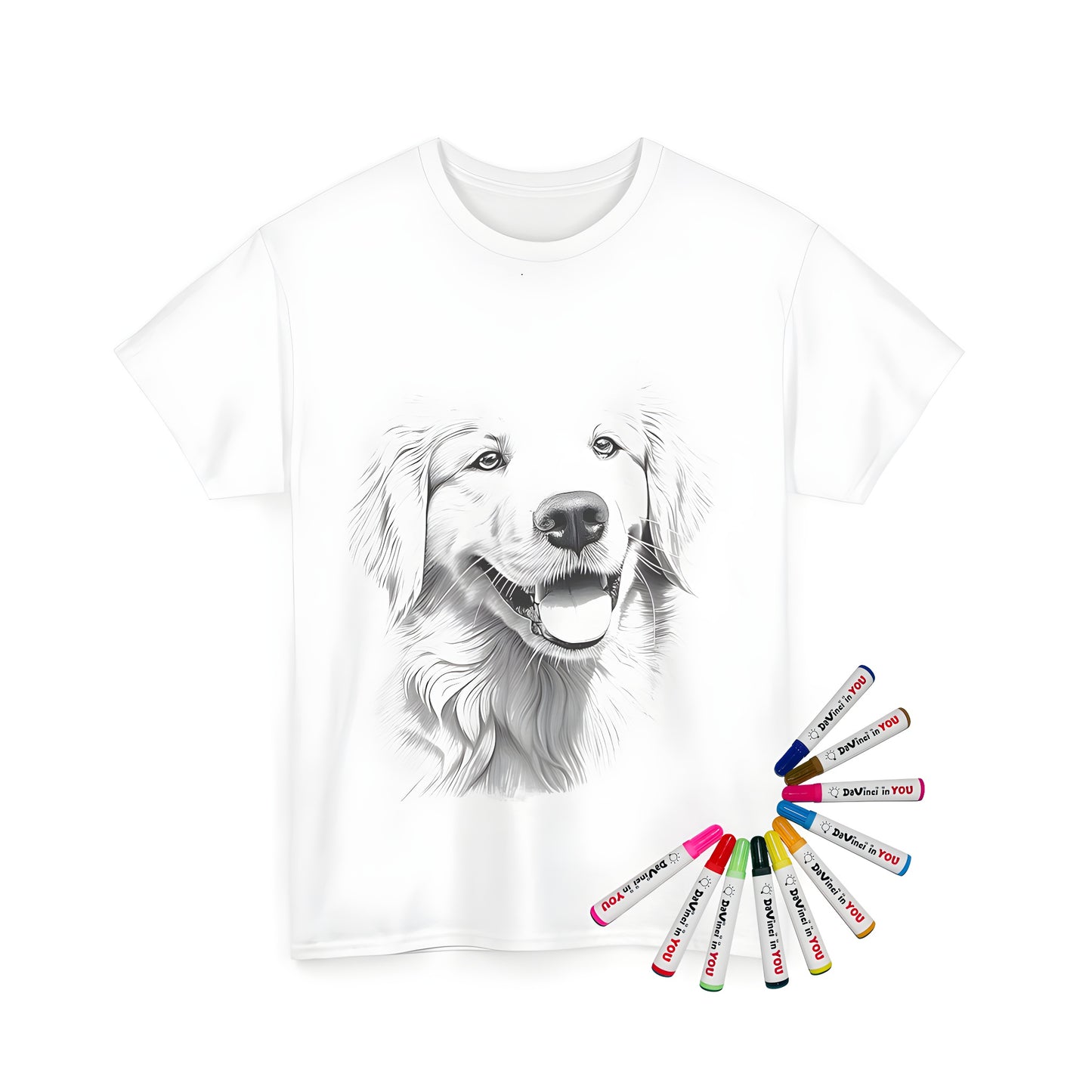 Golden Retriever dog pet coloring page design printed on a Unisex T-shirt for adults and kids alike