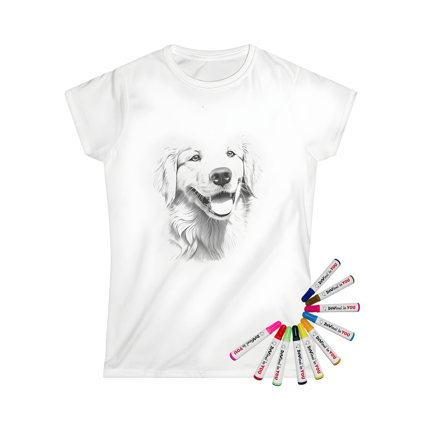 Golden dog shirt, woman's t-shirt with golden retriever print, girl's fun tee featuring a realistic golden retriever illustration