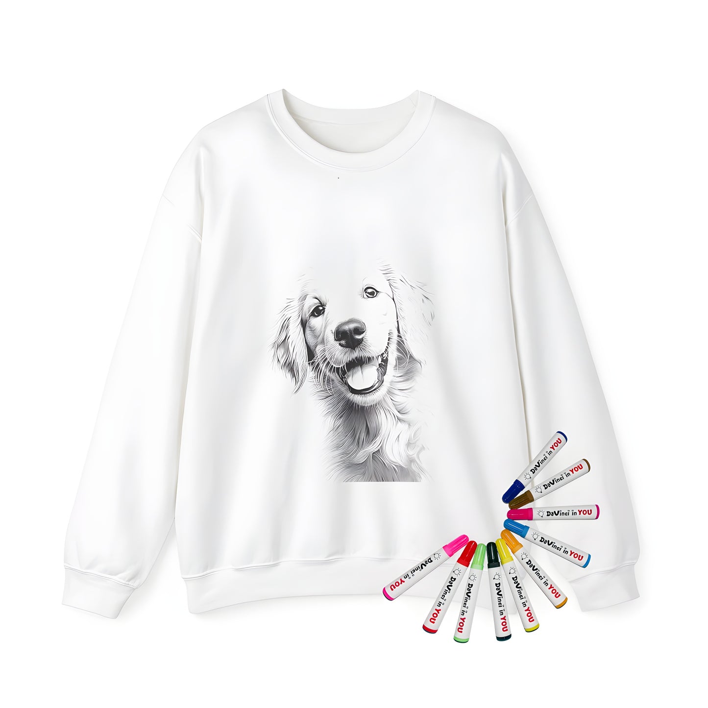 Adult sweatshirt featuring a highly detailed, black and white portrait of a smiling golden retriever dog breed, intricate fur texture, and expressive eyes, perfect for dog lovers, canine enthusiasts, and fans of the popular breed Golden Retriever