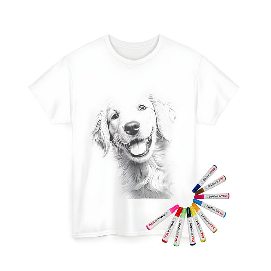 Unisex t-shirt with golden retriever design, smiling golden dog portrait, cute golden puppy face