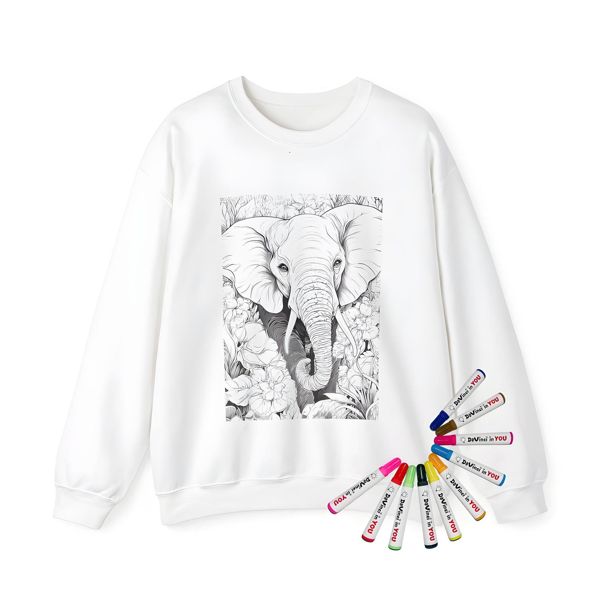 Adult sweatshirt featuring a detailed black and white illustration of an elephant amidst various flowers in a lush environment.