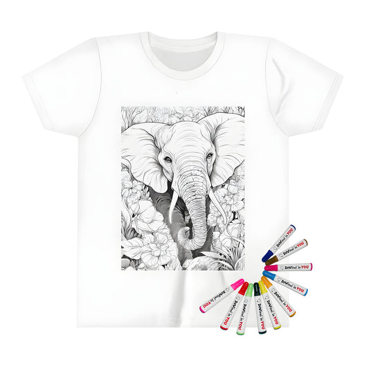 A detailed black and white illustration of an elephant amidst flowers in a lush environment printed on a kid's t-shirt