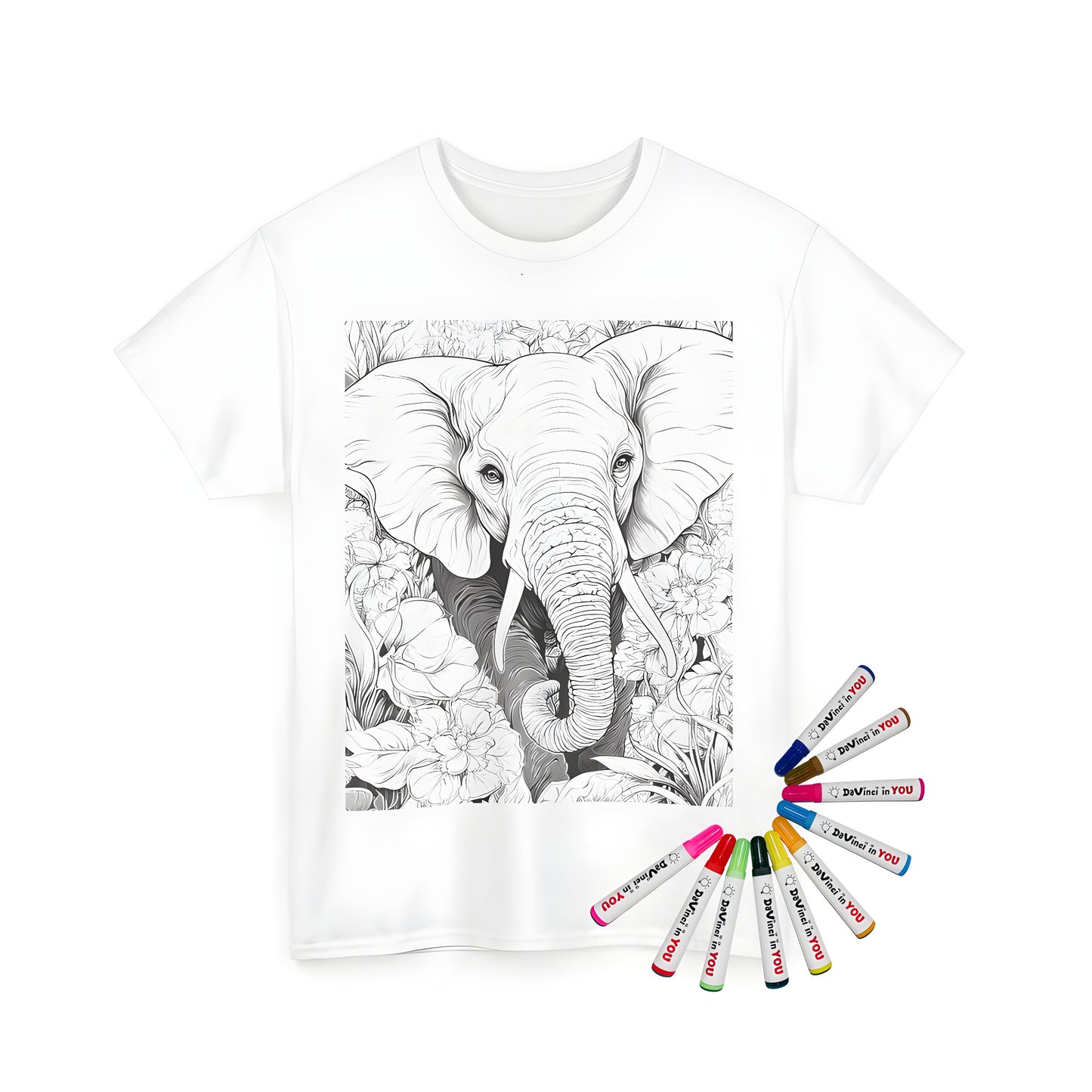 Unisex t-shirt featuring an elephant illustration amidst flowers in a lush garden environment