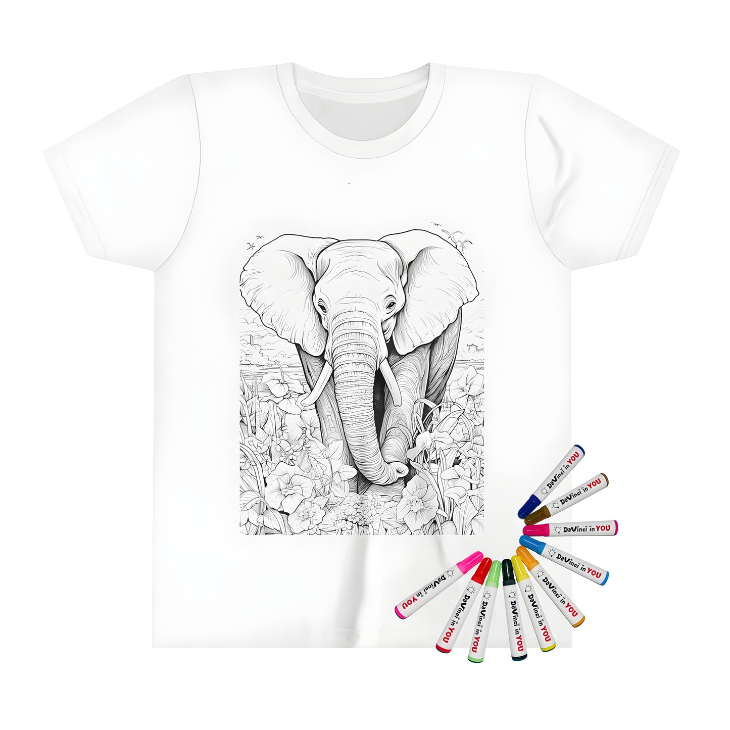 A kid's t-shirt featuring an elephant coloring page design set in nature, surrounded by flowers and trees with birds in the background. Perfect for kids who love animals and art.