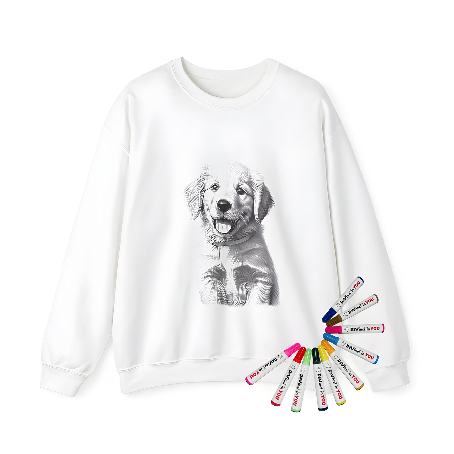 Adult sweatshirt featuring a cute golden retriever puppy design, perfect for dog lovers and coloring enthusiasts