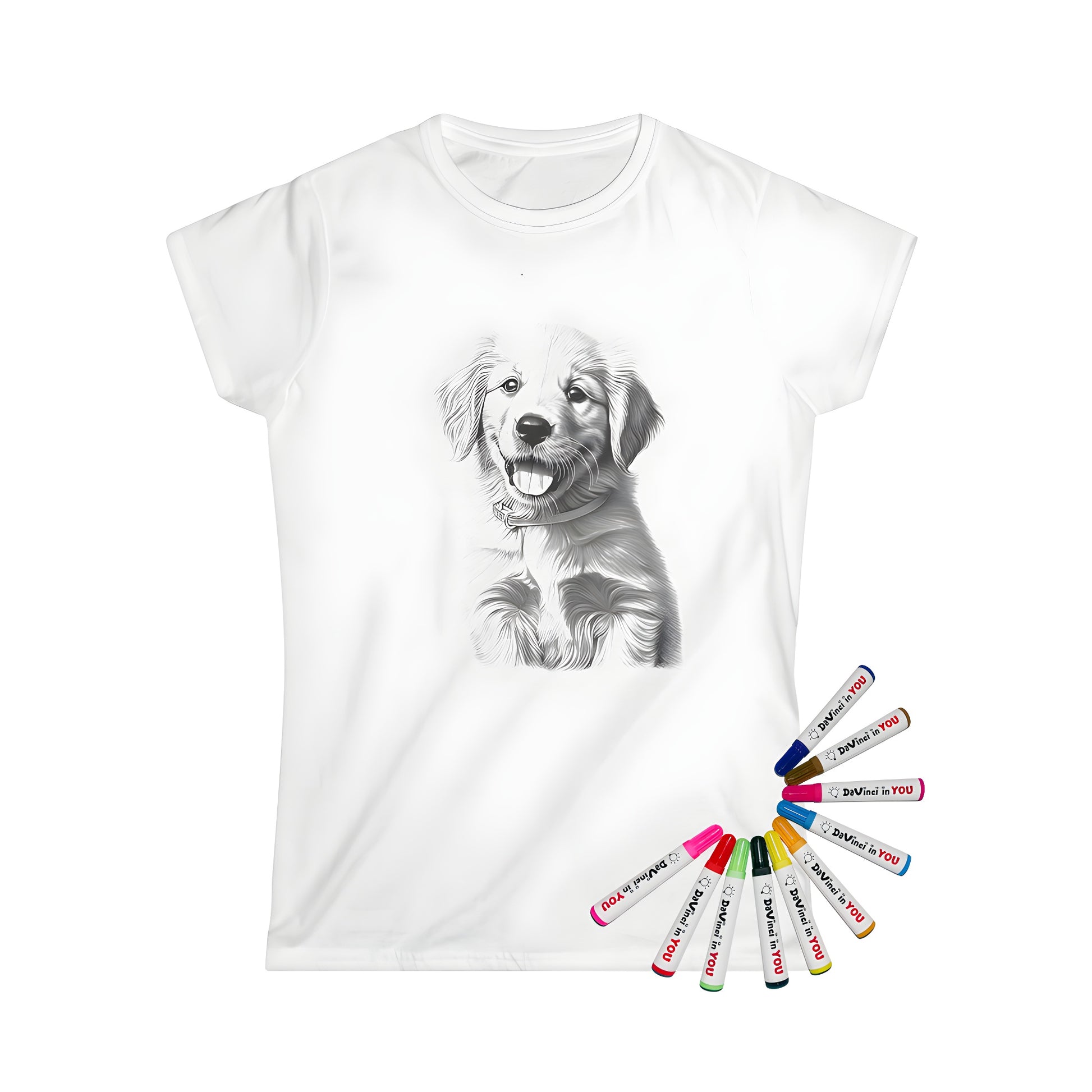 Golden retriever puppy t-shirt design, fun golden dog graphic, colorful happy pup women's apparel