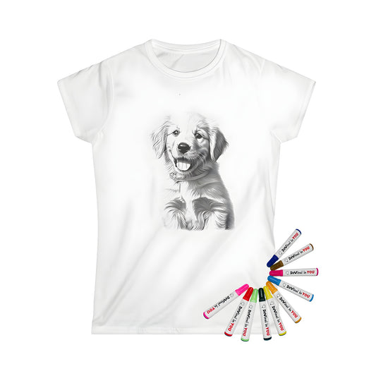 Golden retriever puppy t-shirt design, fun golden dog graphic, colorful happy pup women's apparel