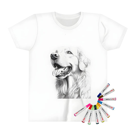 Coloring book t-shirt with a detailed black-and-white illustration of a Golden Retriever dog