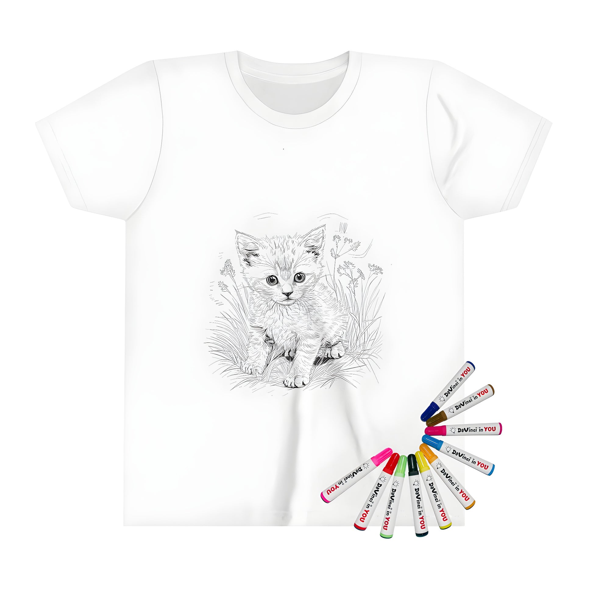 A kid's t-shirt featuring a adorable kitten illustration, perfect for kids who love animals and coloring. Includes fabric markers for endless creativity.