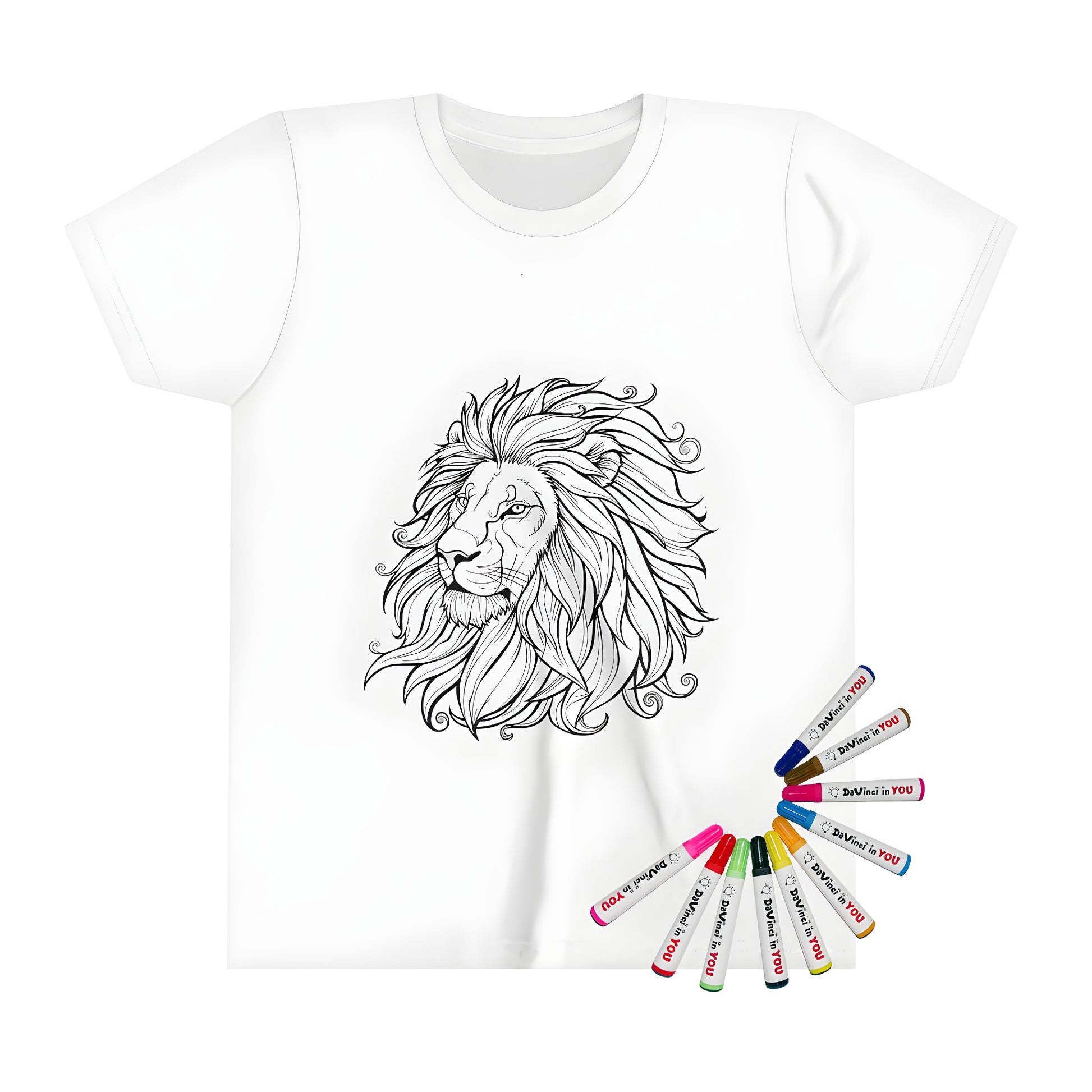 Colouring page design on kid's t-shirt featuring detailed black and white outline of big cat's head with flowing mane