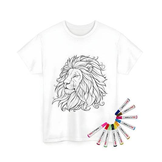 Unisex t-shirt coloring kit featuring a detailed black and white outline of a lion's head with flowing mane for kids and adults