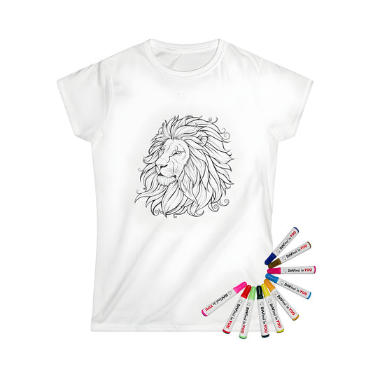 Women's t-shirt coloring kit with a detailed black and white lion head outline design, featuring a majestic mane for creative coloring