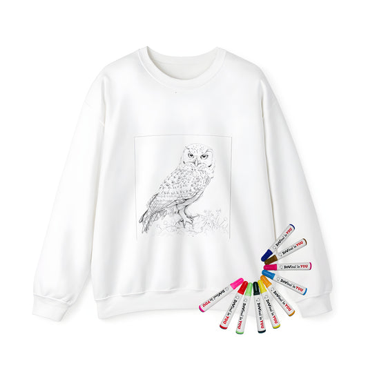 Adult sweatshirt featuring a detailed black and white sketch of an owl perched on a rocky surface surrounded by plants, perfect for adult coloring enthusiasts. Includes 10 fabric markers.