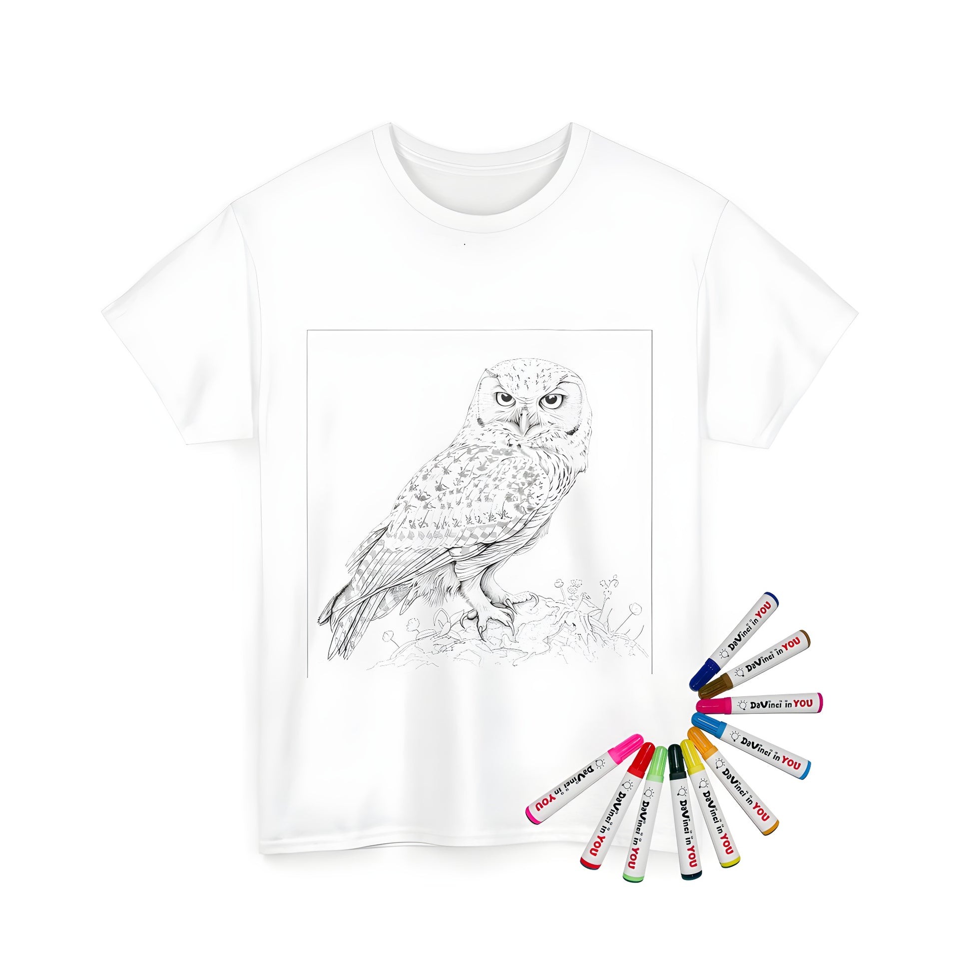 Unisex T-shirt featuring a coloring page design of a detailed owl sketch perched on a rocky surface surrounded by plants