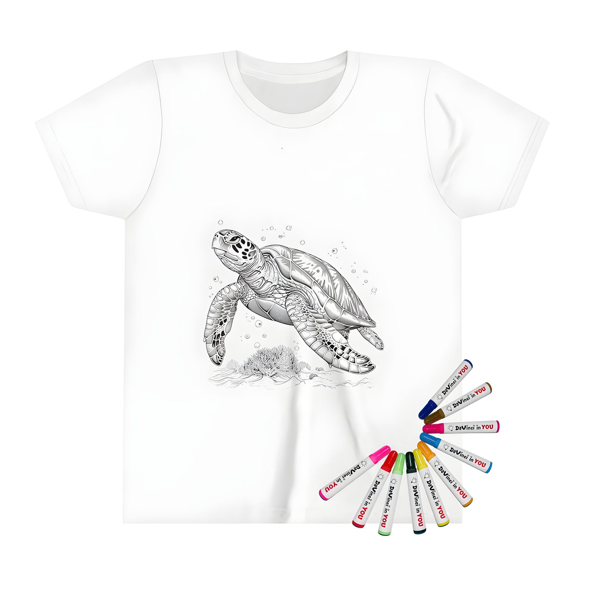 Colorful kid's tee featuring an illustration of a marine sea turtle swimming near coral and surrounded by bubbles.