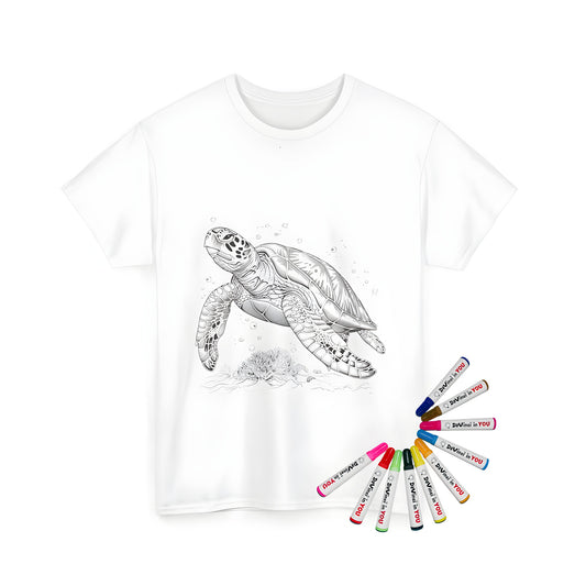 Detailed black and white illustration of a marine sea creature swimming near coral and surrounded by bubbles on a unisex tee