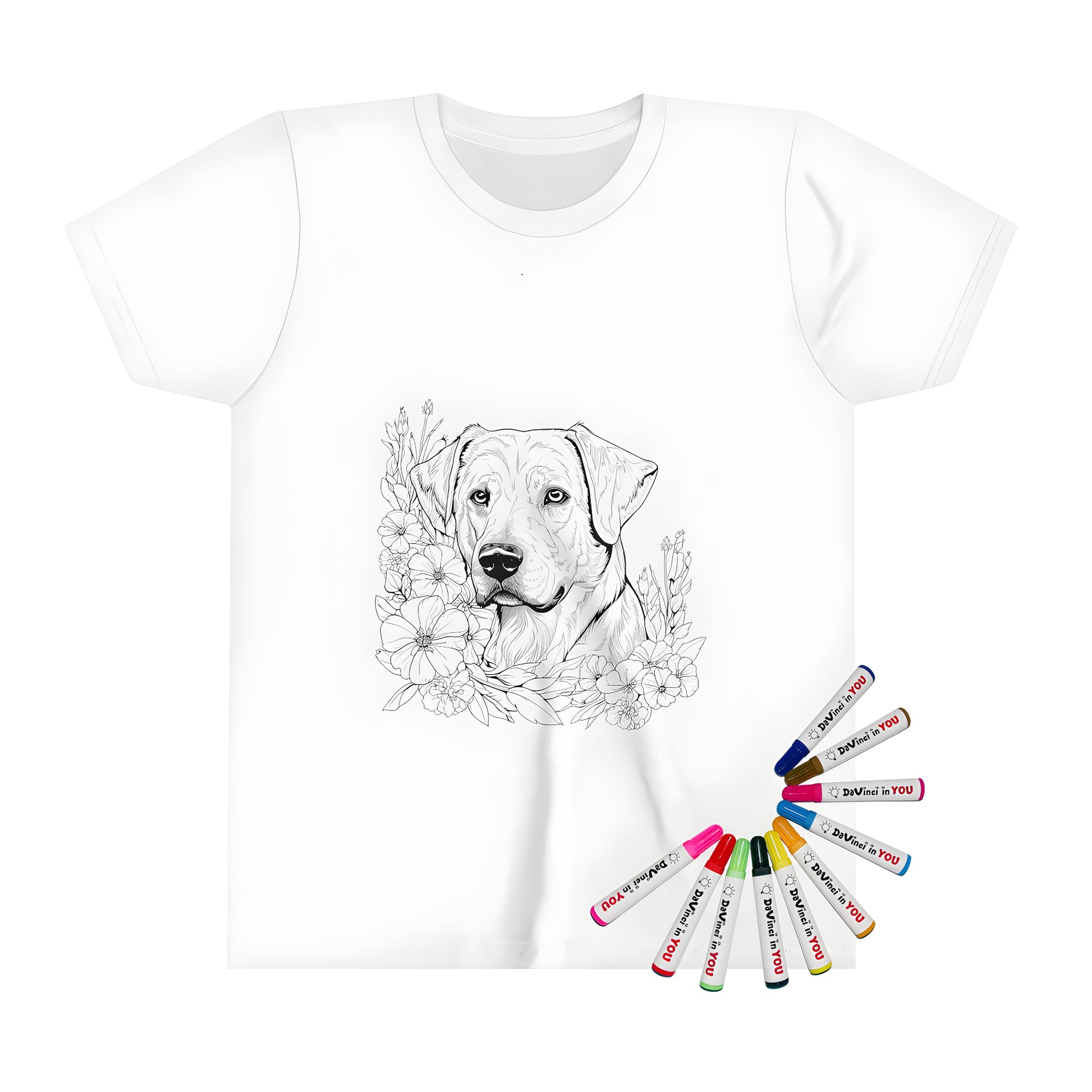 Coloring page-inspired kid's t-shirt featuring a dog's head surrounded by colorful flowers and foliage, ideal for kids' creative expression.