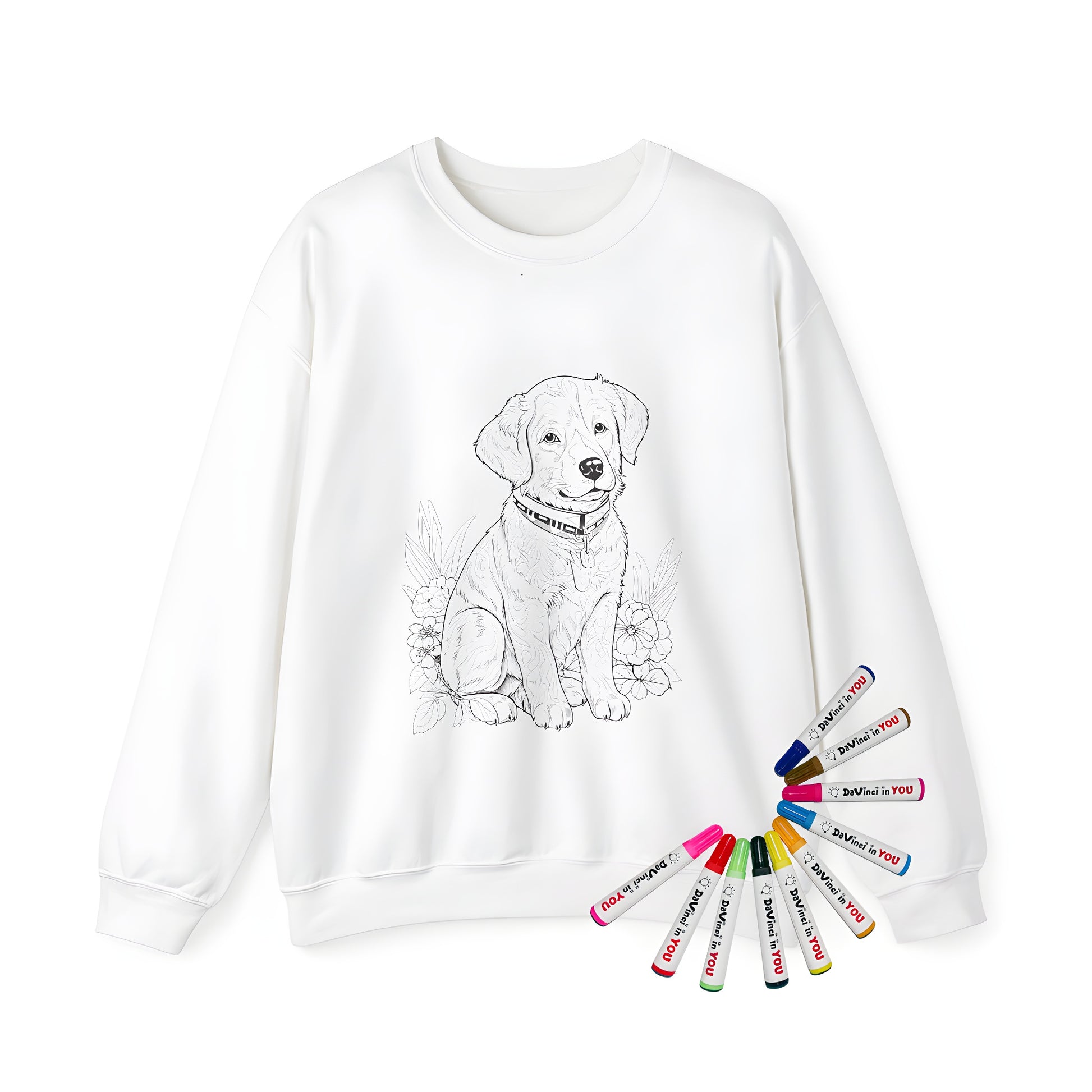 Coloring page inspired adult sweatshirt featuring a cute dog, pet, hound design with collar and flowers