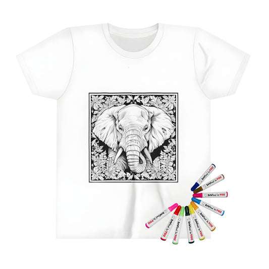 Coloring t-shirt for kids with elephant print, featuring a detailed line drawing of an elephant head surrounded by intricate jungle leaves in black and white.