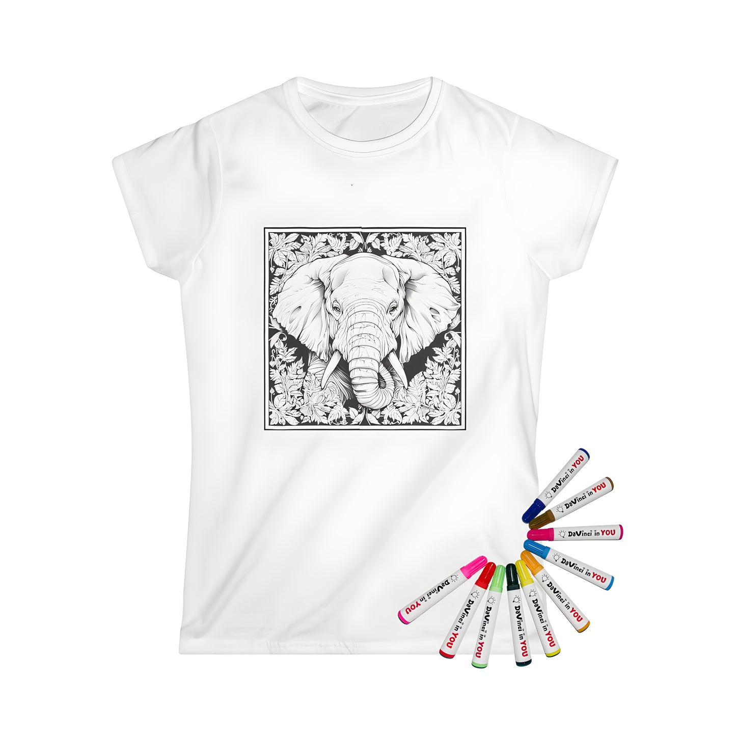 Women's t-shirt featuring a detailed line drawing of an elephant head surrounded by jungle leaves, perfect for adult coloring and fabric markers