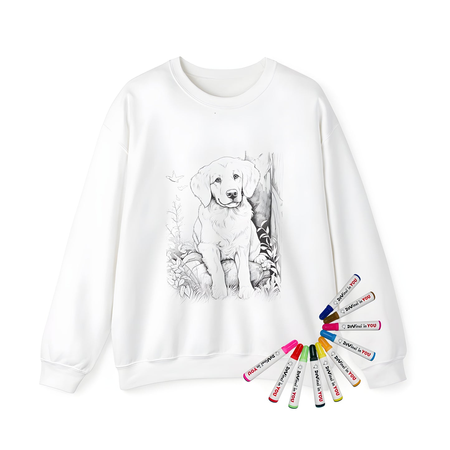 Adult sweatshirt with cute puppy design from coloring page art, surrounded by trees and flowers