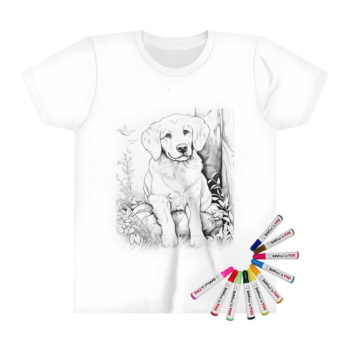 Coloring kit for kids with puppy dog in nature landscape design