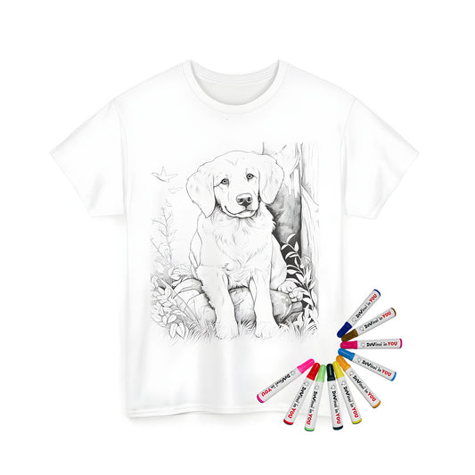 Adulting, coloring book page, cute puppy, nature scene, boy girl tee, drawing of dog, tree, flowers