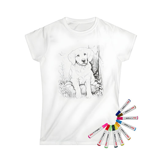 Women's t-shirt featuring a cute puppy illustration in nature surroundings, with trees and birds