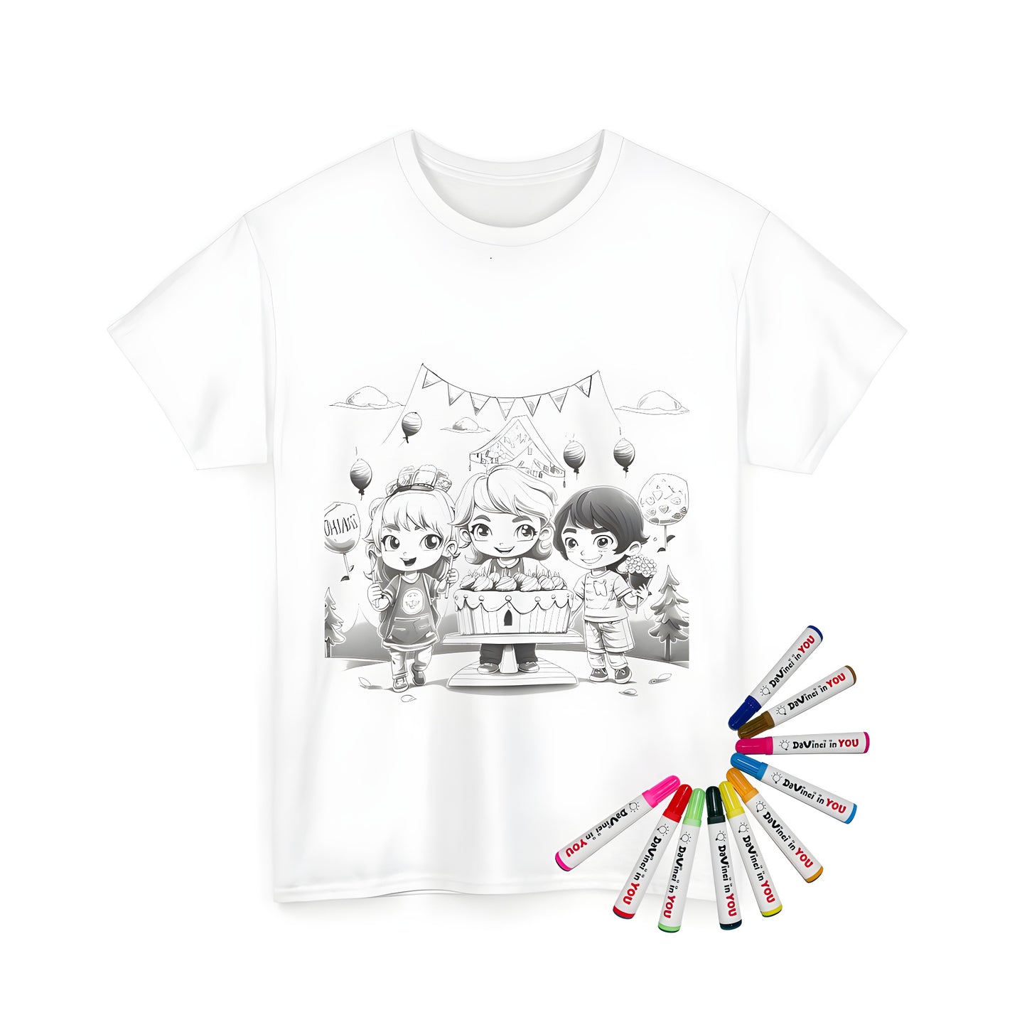 Kids party t-shirt with colorful design of birthday celebration