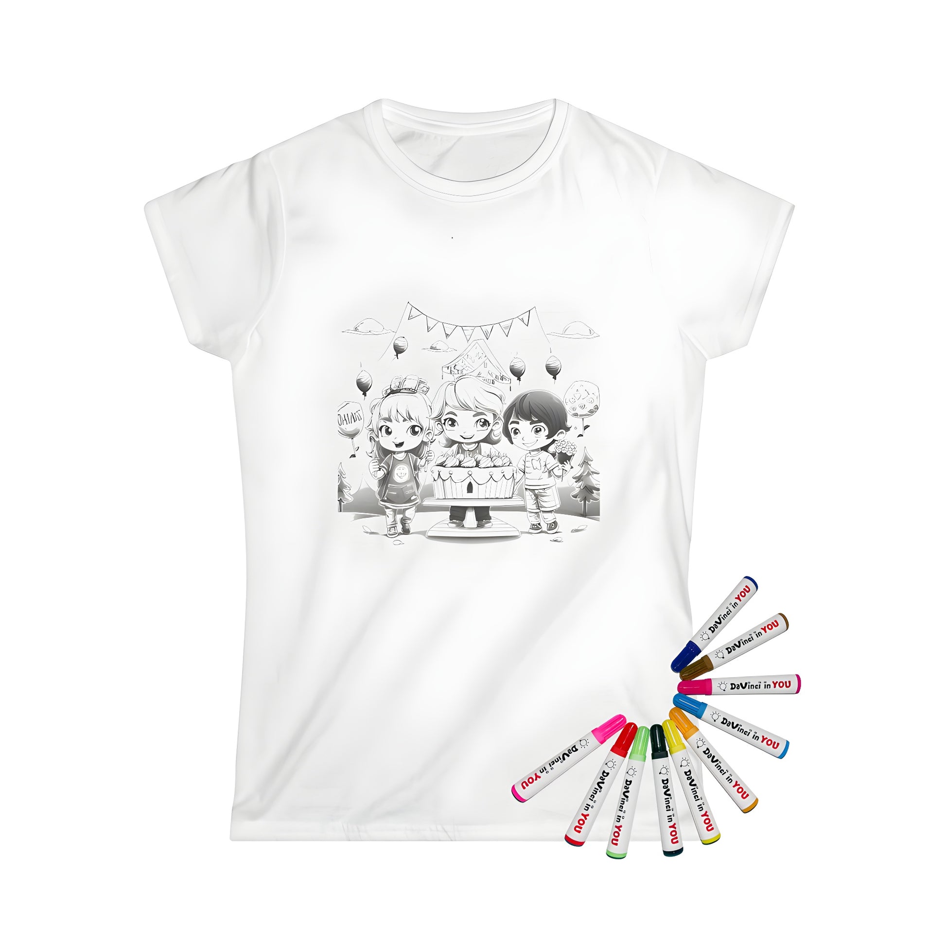 Women's t-shirt featuring a fun design of three happy children celebrating a birthday party with a cake and balloons in an outdoor setting.