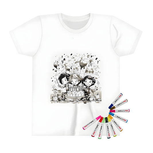 Kid's t-shirt with colorful birthday celebration design, three children surrounded by balloons and gifts