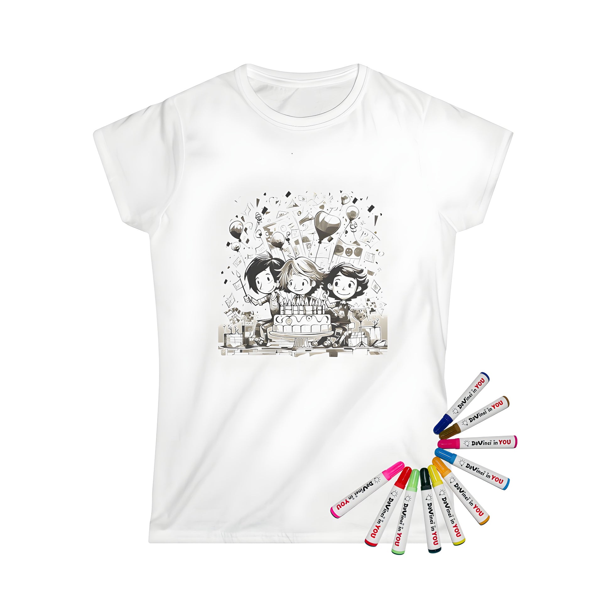 Women's T-shirt featuring a fun children birthday party design with balloons and gifts