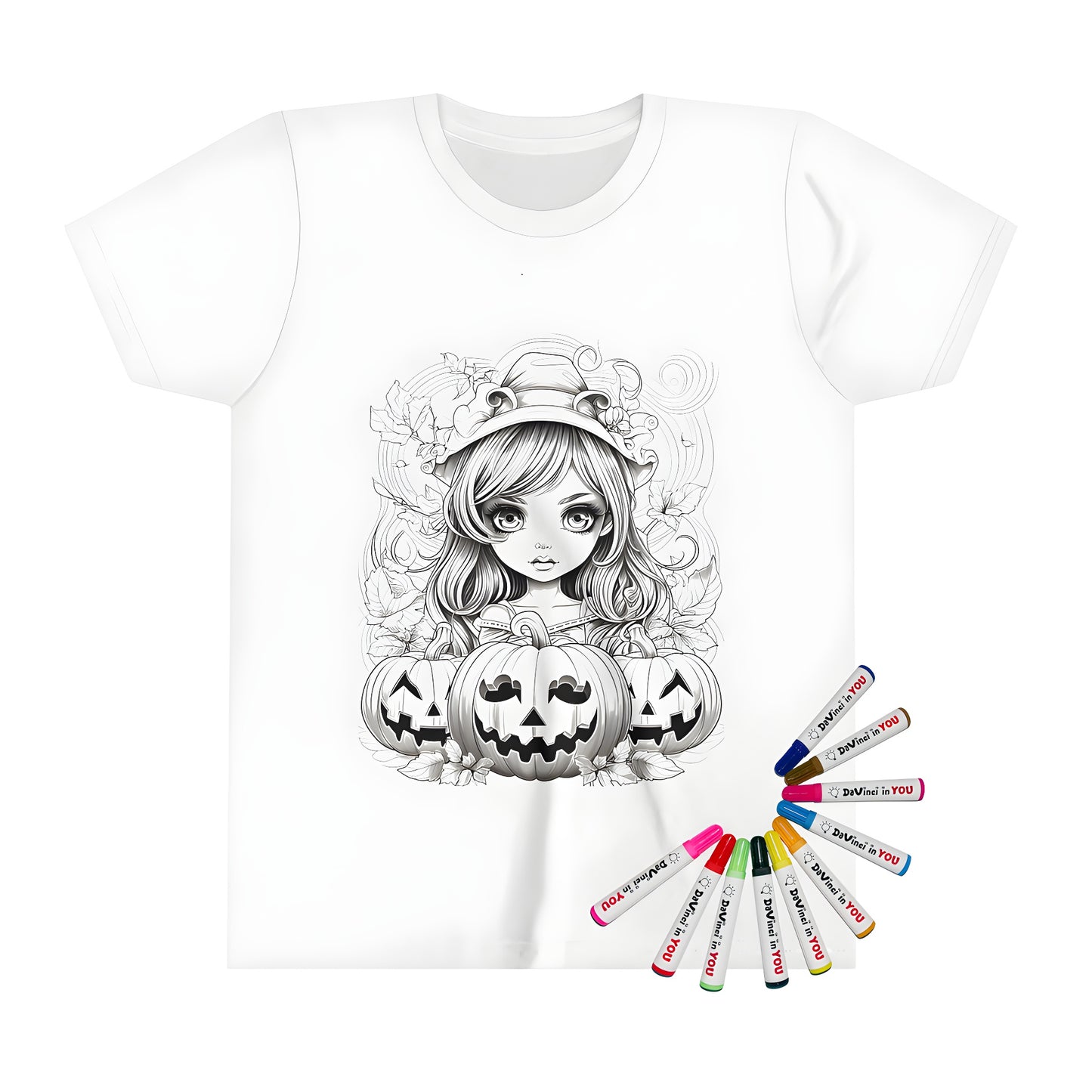 Coloring page inspired kid's t-shirt design featuring a young witch surrounded by jack-o-lanterns and autumn leaves