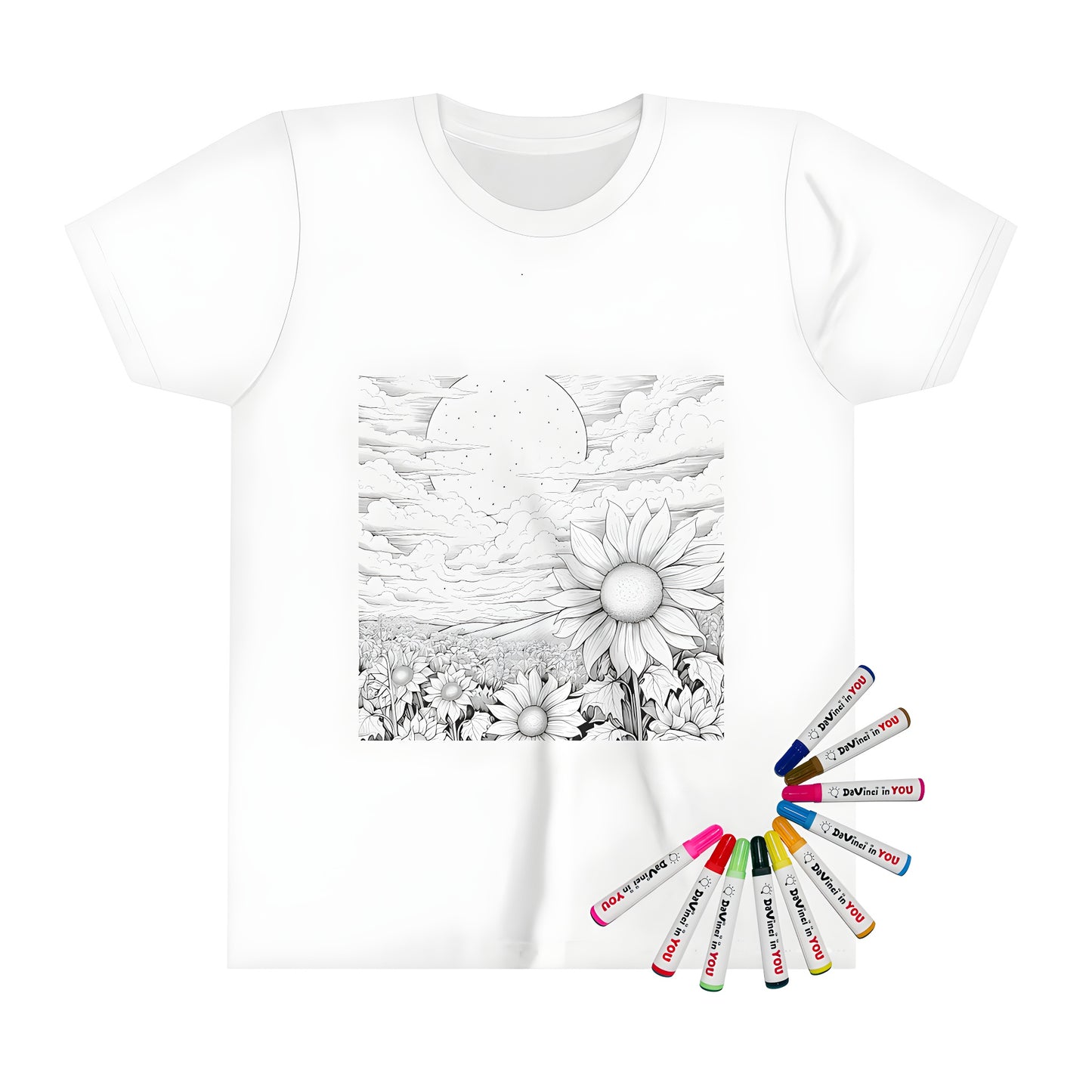 Colorful kid's t-shirt featuring a whimsical sunflower illustration