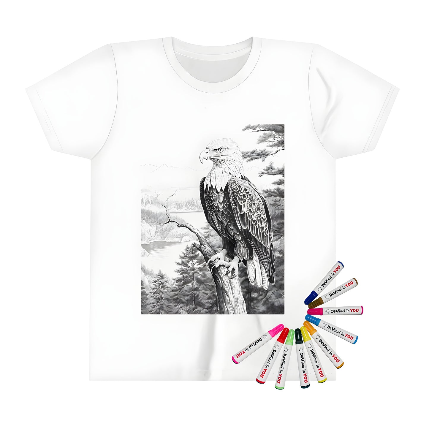 Coloring kit for kids with detailed eagle design on a shirt, perfect for young artists