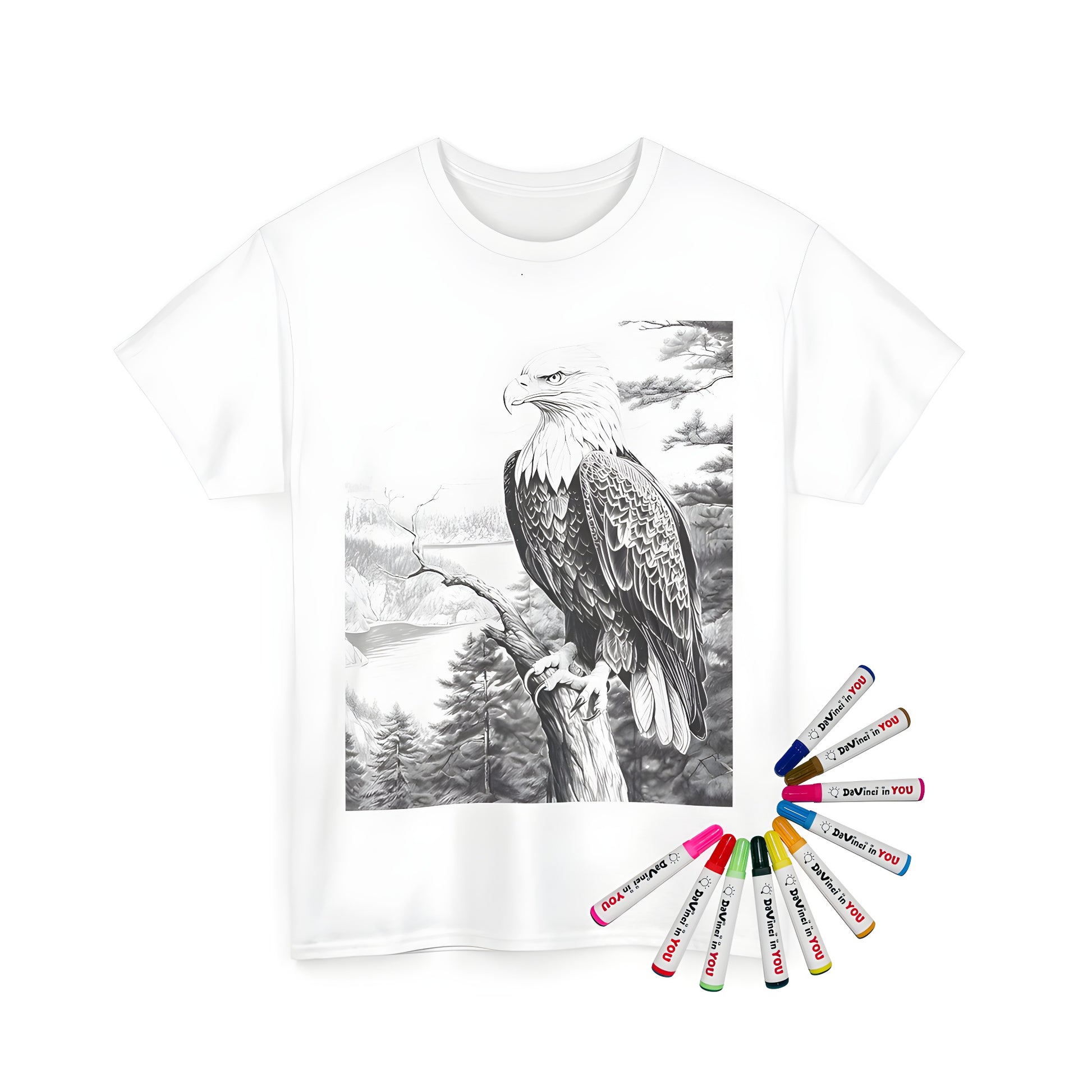 Unisex t-shirt featuring a majestic eagle perched on a tree branch, mountains and forest scenery, coloring page design, with vibrant fabric markers