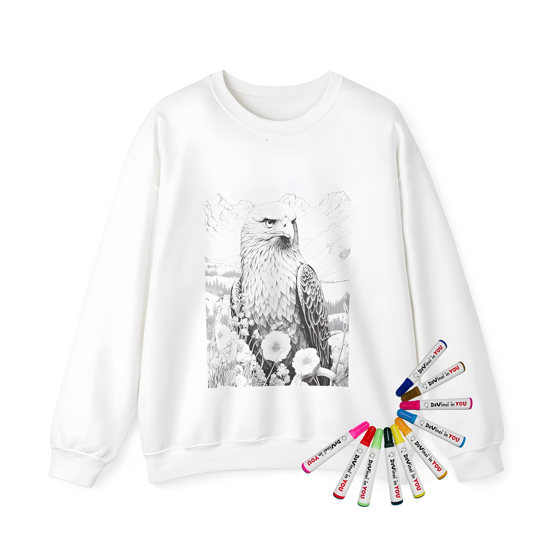 Adult sweatshirt with intricate line drawing of an eagle among flowers design, featuring majestic bird symbolism