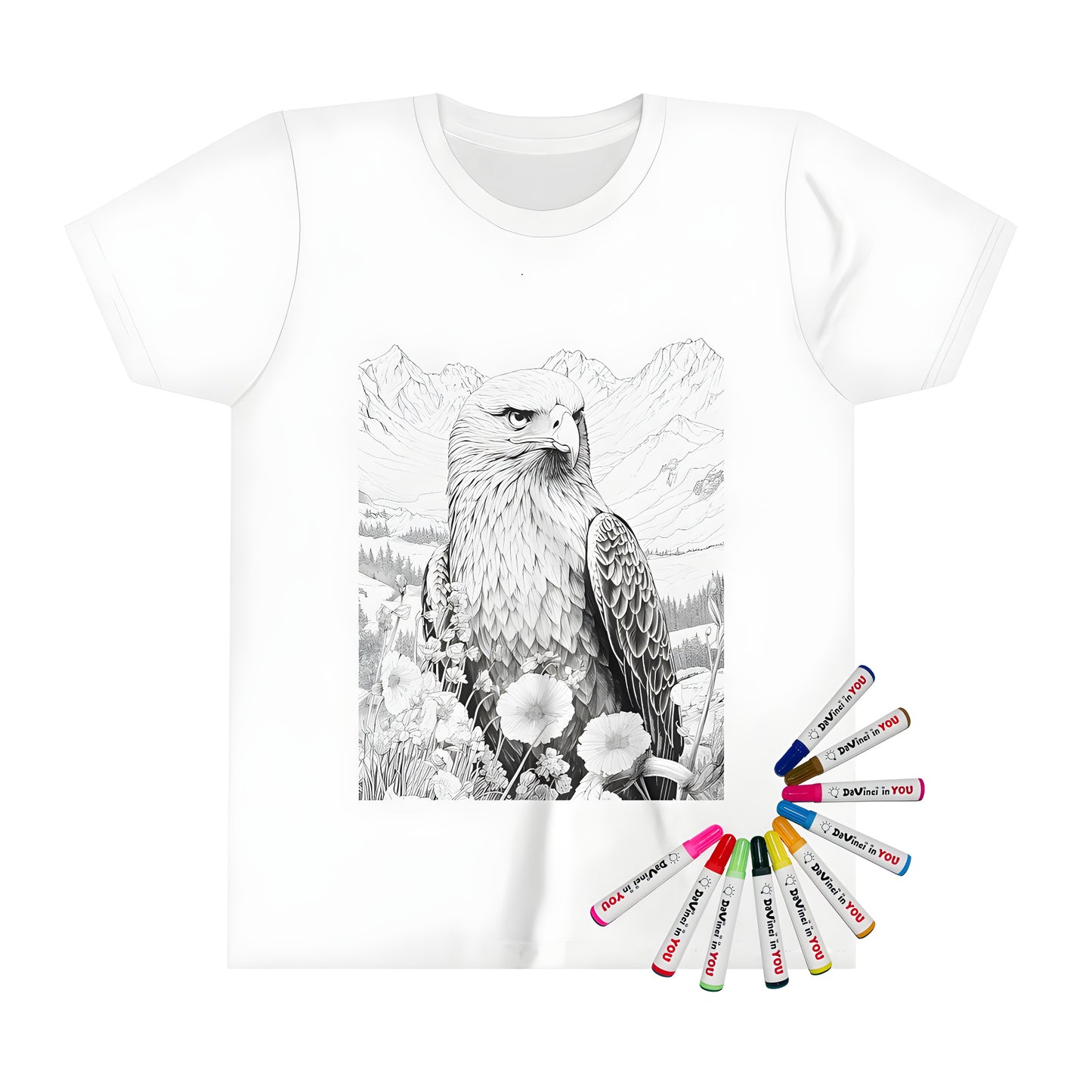 Kid's colorful t-shirt featuring an eagle design amidst flowers and mountains