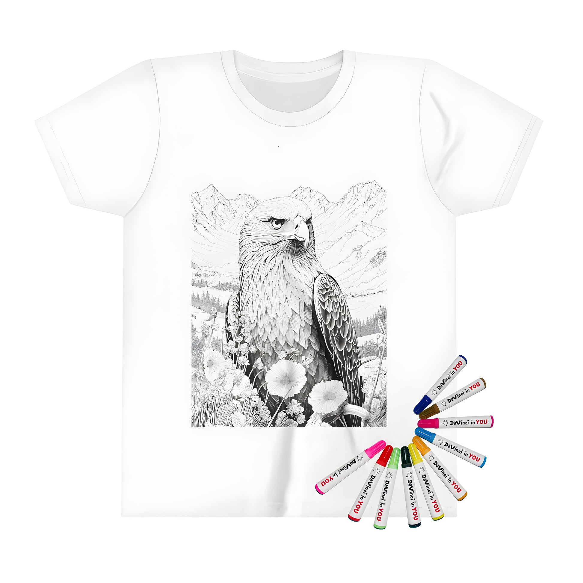 Kid's colorful t-shirt featuring an eagle design amidst flowers and mountains