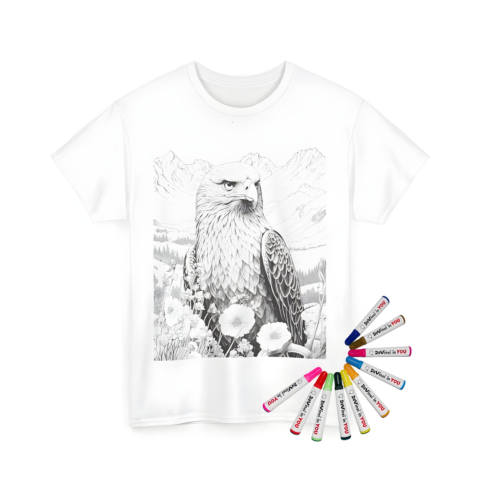 Colorful Unisex T-Shirt featuring an intricate line drawing of a bird of prey among flowers and mountains