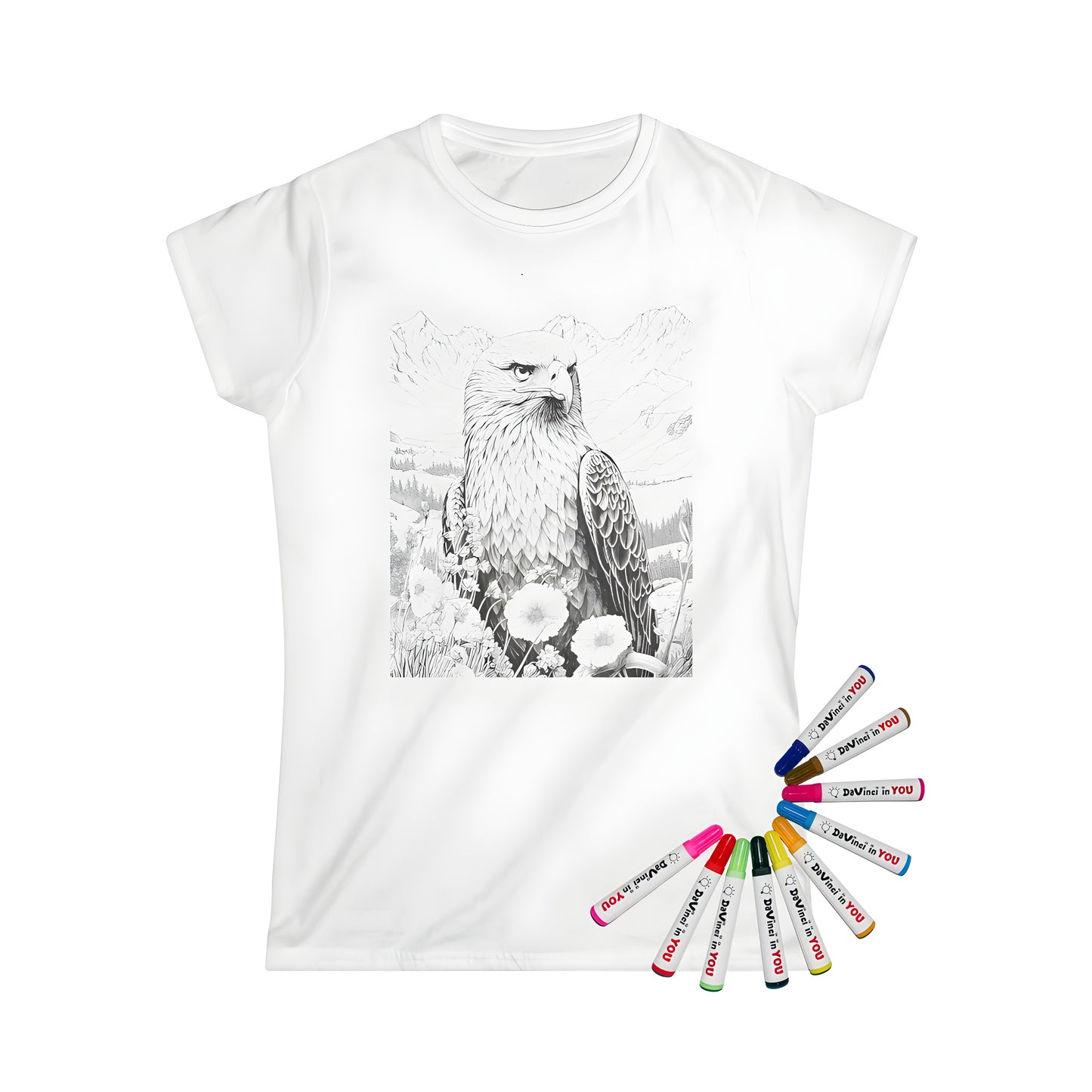 Women's T-shirt with intricate eagle drawing design among flowers on mountainous background