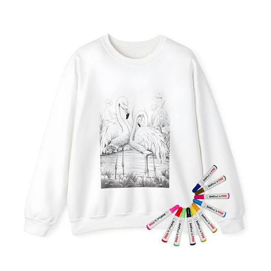 Adult sweatshirt featuring two pink flamingos standing in a serene pond scene amidst detailed black and white line drawings of plants and flowers