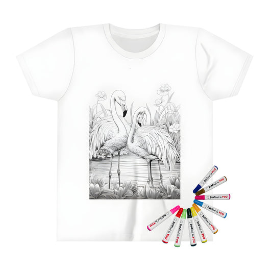 Coloring kit for kids featuring a two flamingo design on a t-shirt, set amidst intricate line drawings of plants and flowers