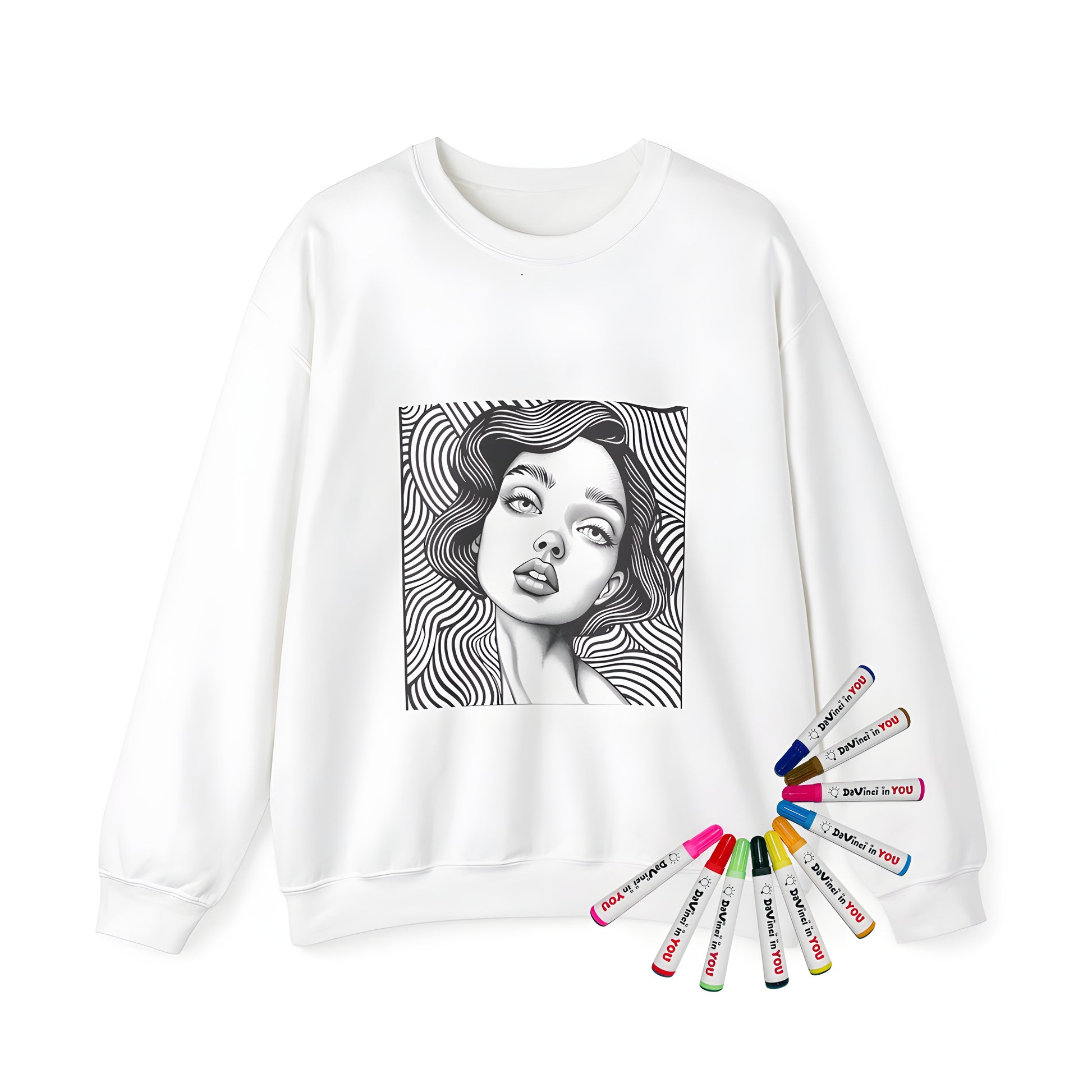 Adult sweatshirt featuring an abstract portrait of a woman with wavy lines as background, emphasizing detailed facial features and expressive eyes.