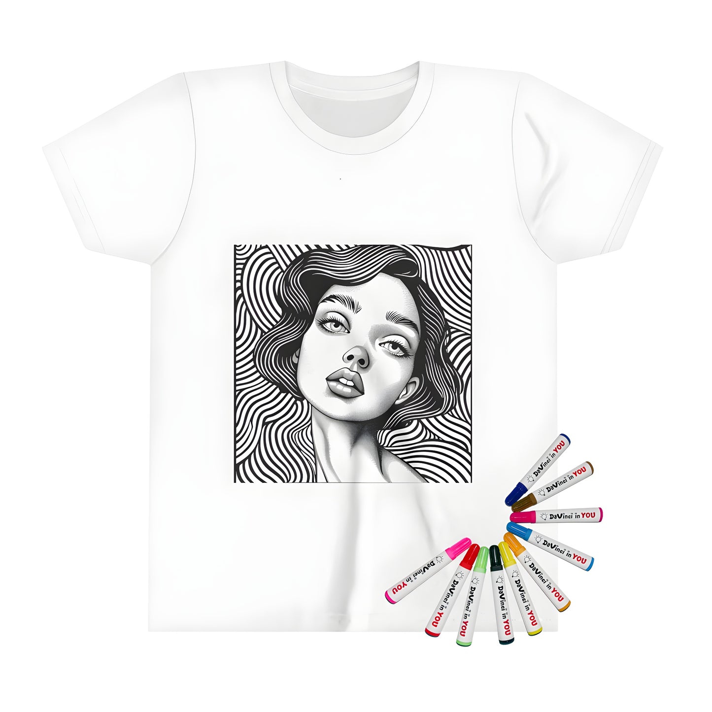 Abstract portrait kid's t-shirt, unique artwork for young artists, colorful markers included