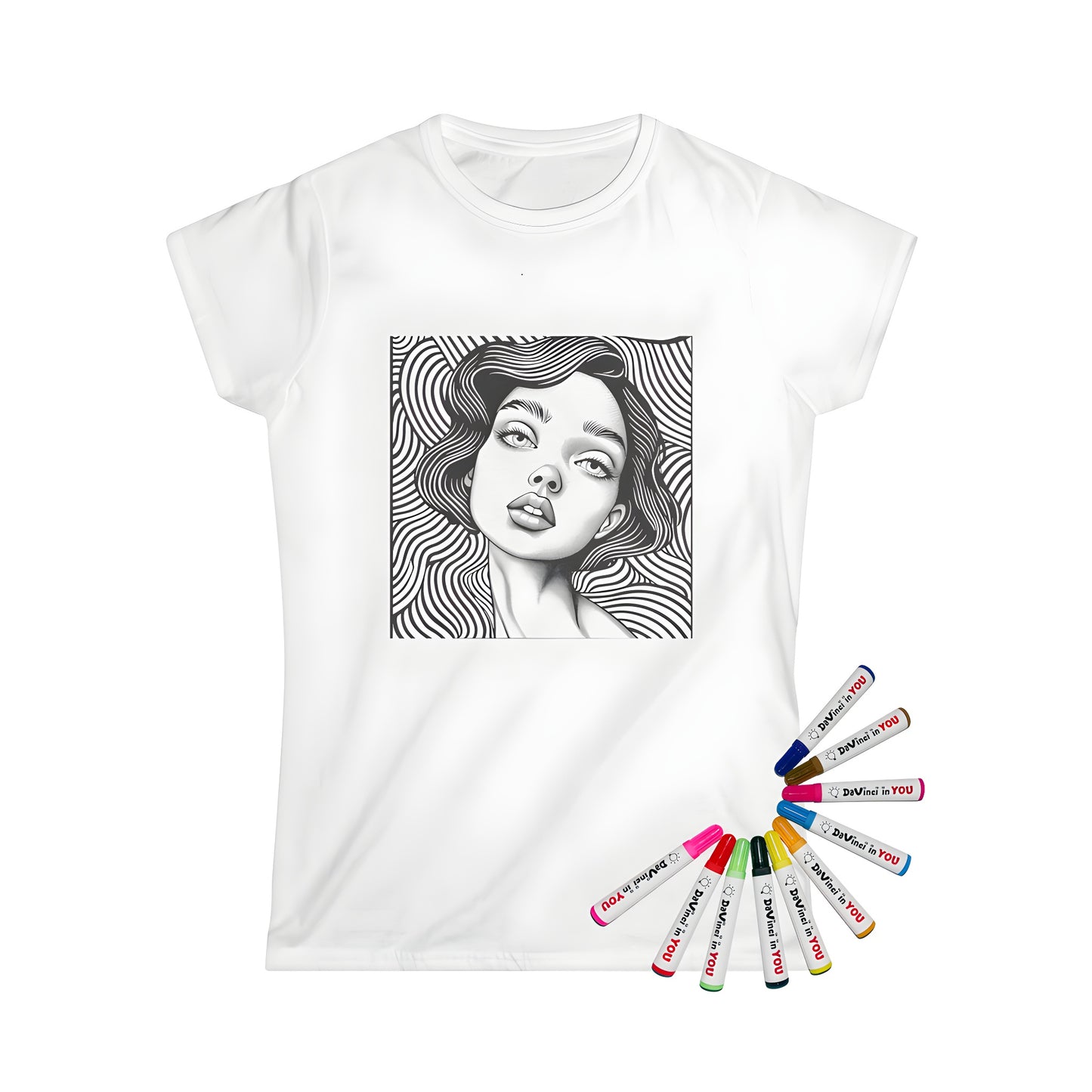 Women's t-shirt featuring an abstract portrait design of a woman with wavy lines as background and detailed facial features