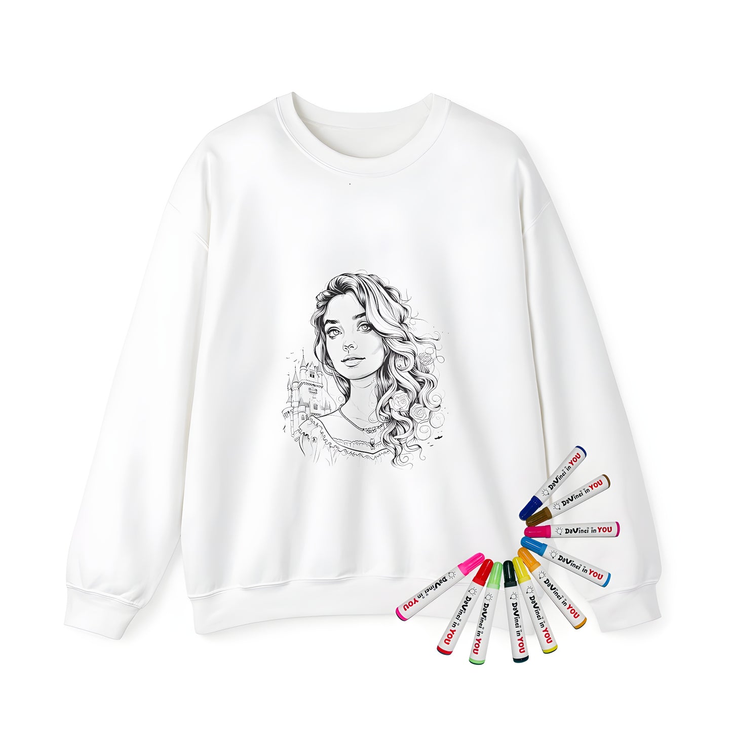 Adult sweatshirt with princess portrait illustration of curly-haired woman and roses against medieval castle background