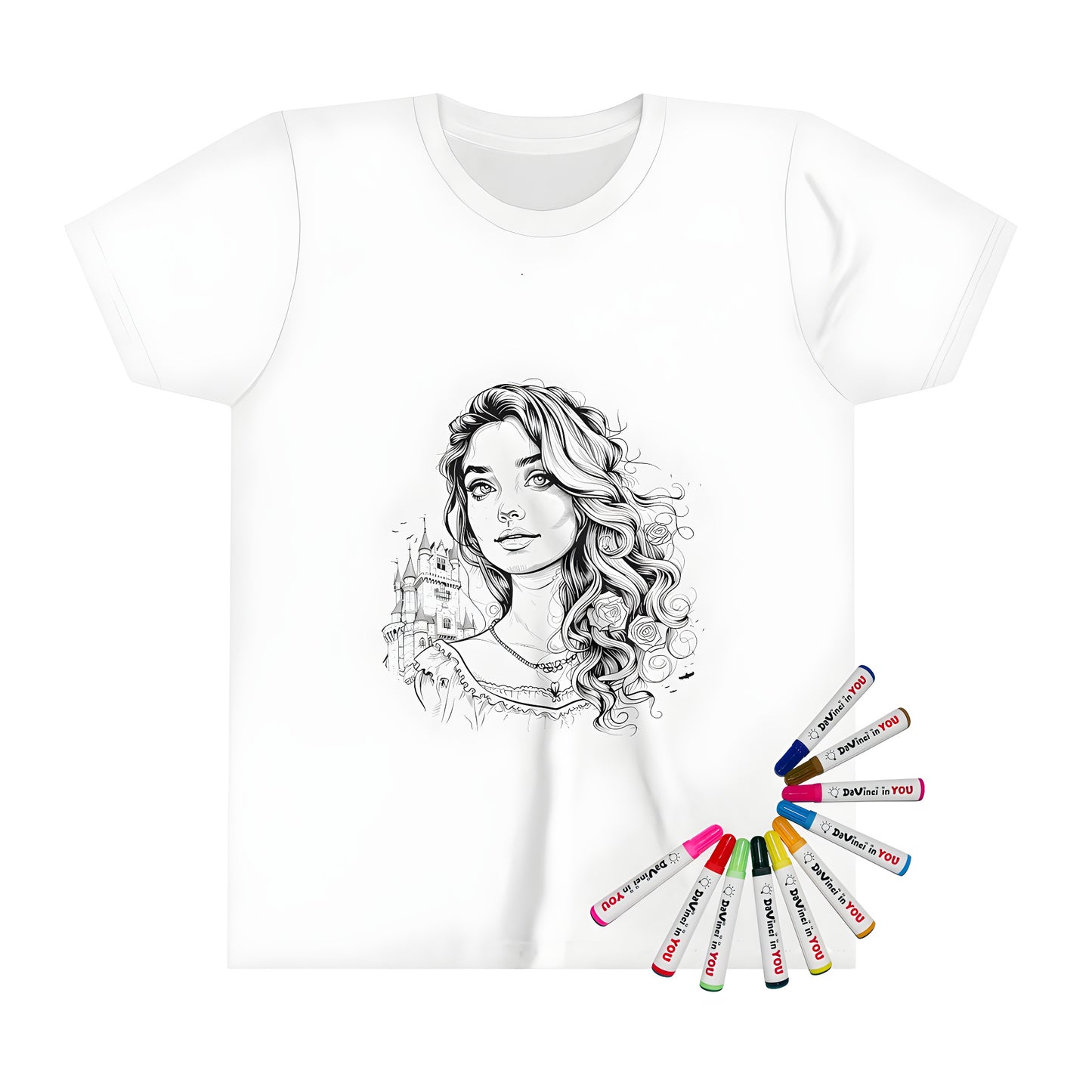 Black and white illustration of princess girl with curly hair and roses on kid's t-shirt