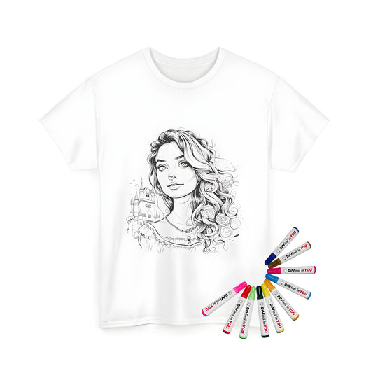 Unisex t-shirt featuring a black and white illustration of a princess portrait with curly hair and roses against a medieval castle backdrop.