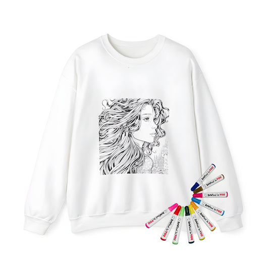 Adult coloring sweatshirt kit with royalty-inspired design, features detailed line art of princess, queen, monarch, and castle